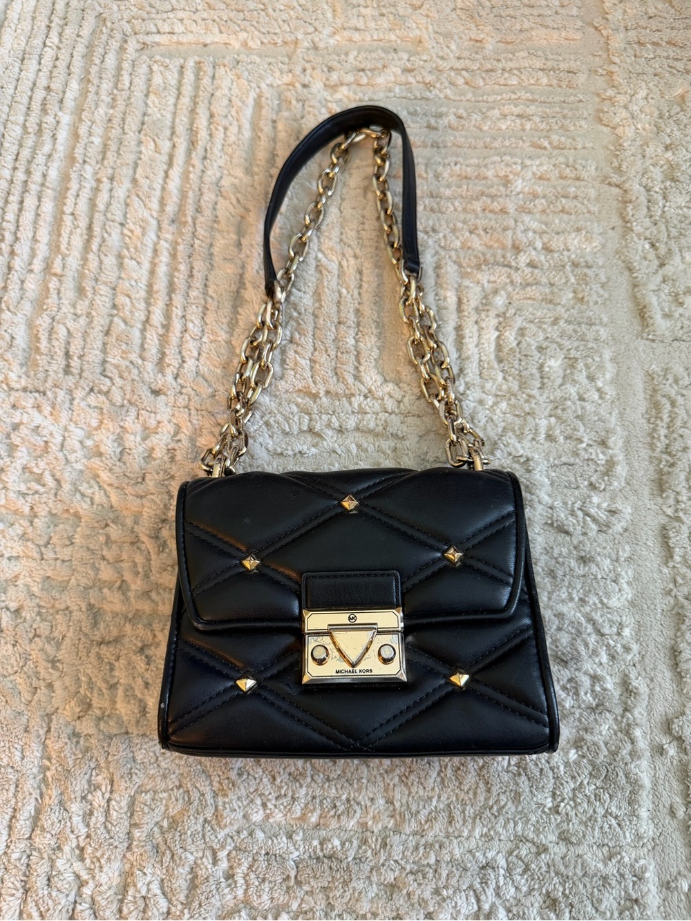 Michael Kors Serena Black Quilted Small Flap Studded Chain Crossbody Bag